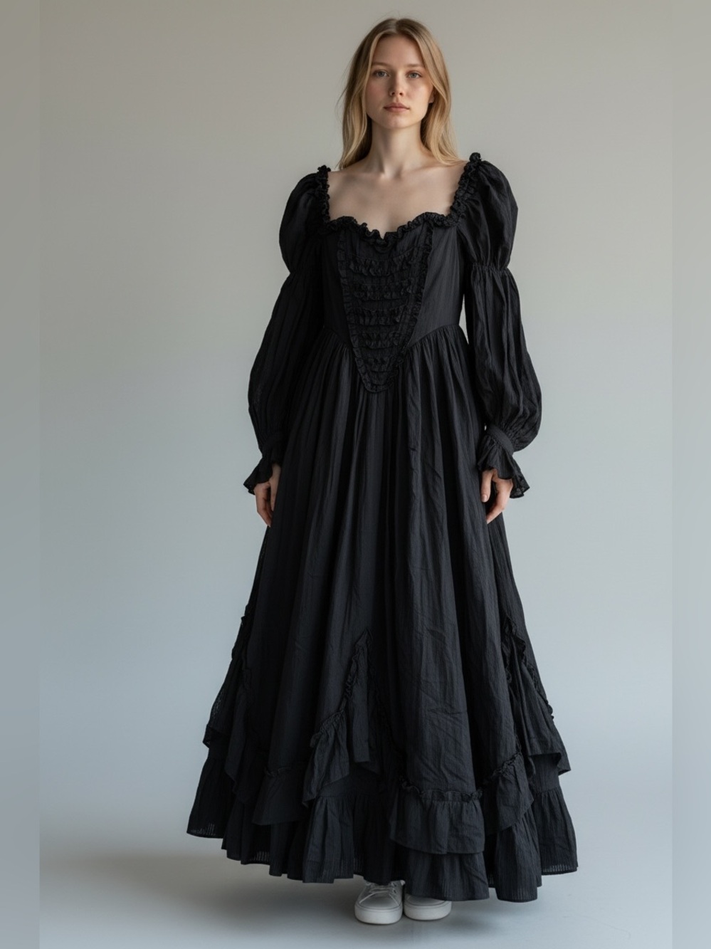 Romantic Black Puff-Sleeve Maxi Dress